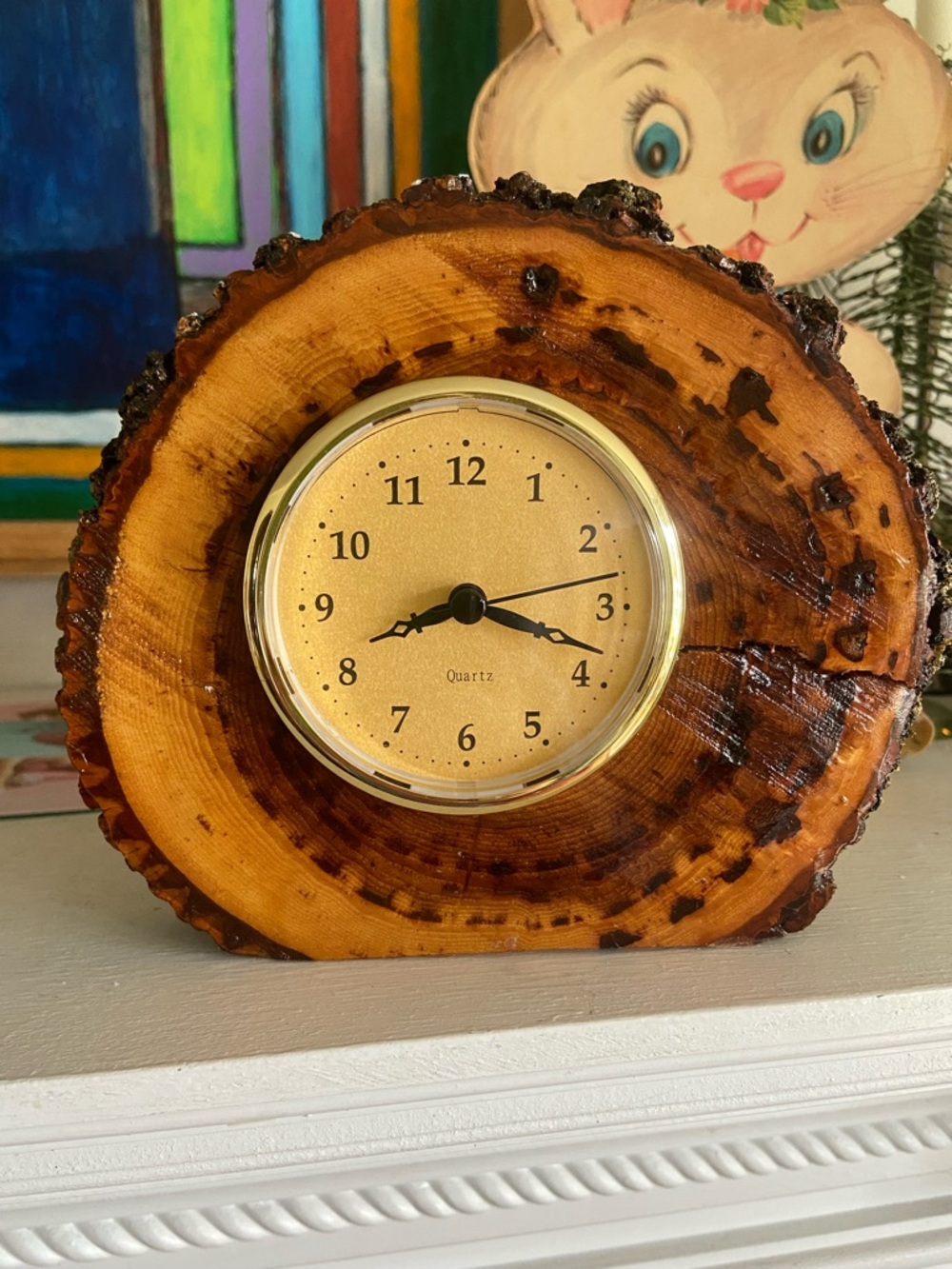 Vintage Wood Slab Round Quartz Mantle/Shelf Clock